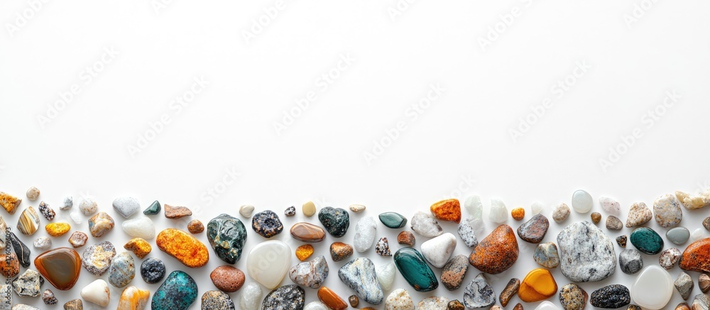 Poster colorful assortment of polished stones and beads arranged horizontally on a plain white background c