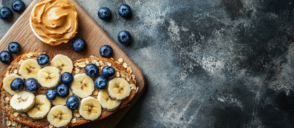 Poster healthy buckwheat bread topped with banana slices and blueberries on a wooden board with peanut butt