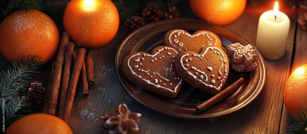 Poster heart shaped gingerbread cookies on a dark plate flanked by fresh oranges glowing candles and cinnam