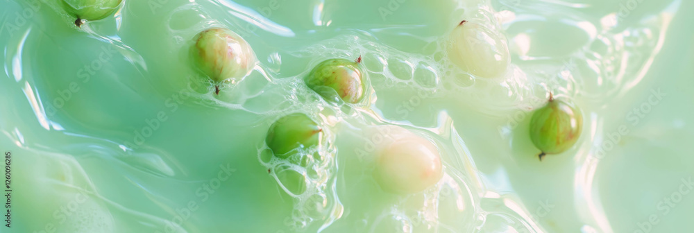 Wall mural Delightful light green milk with floating gooseberries creating ripples