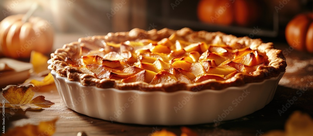 Aufkleber Classic apple pie baked to perfection in a rustic setting with warm tones of orange and golden crust against a softly blurred autumn backdrop