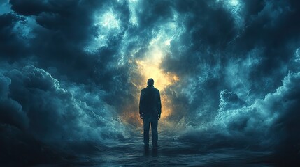 Obraz premium facing my faith conceptual image of a man standing in the middle of a stormy sky looking at the light