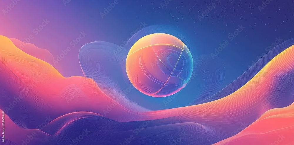 Poster digital rendering features a vibrant orb above abstract landscape