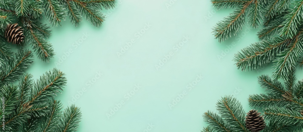Poster Christmas decorative frame with lush green fir branches and pine cones on a soft mint background creating an inviting blank space for text.