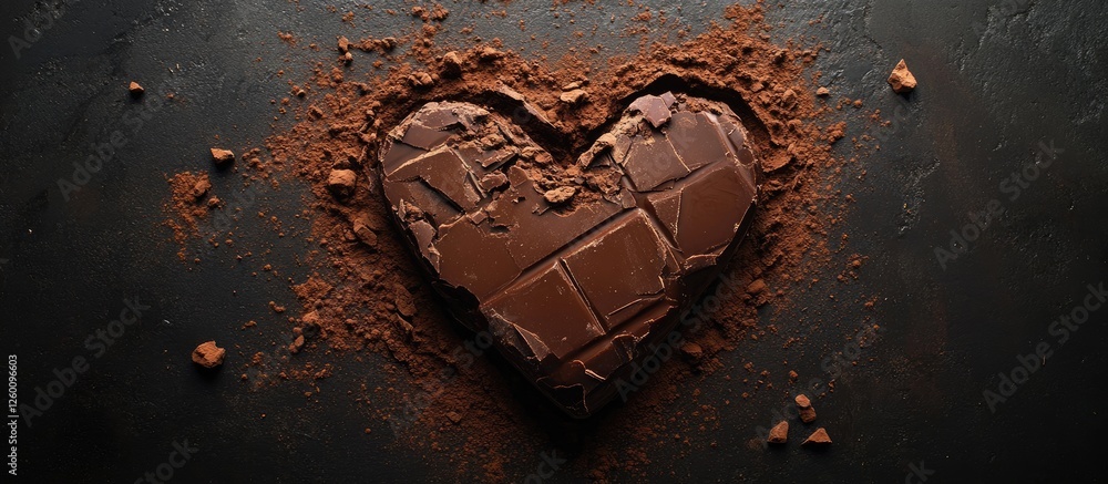 Poster Broken chocolate bar forming a heart shape on a black background with cocoa powder surrounding it creating a rich, dark aesthetic.