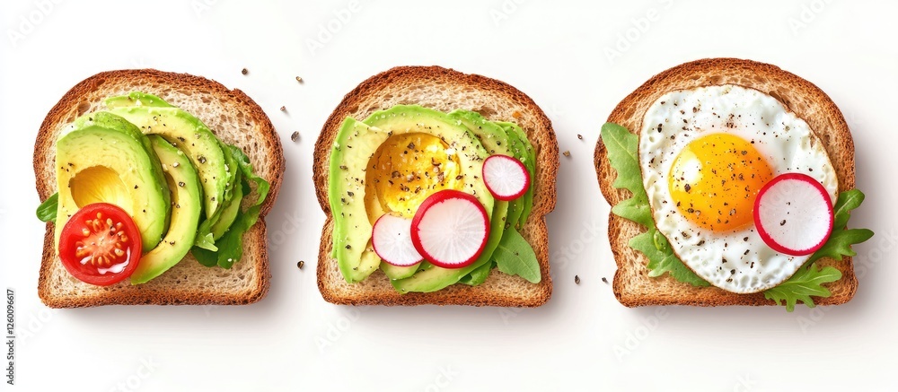 Poster avocado toast with sliced radishes and tomatoes on whole grain bread arranged in three sections show