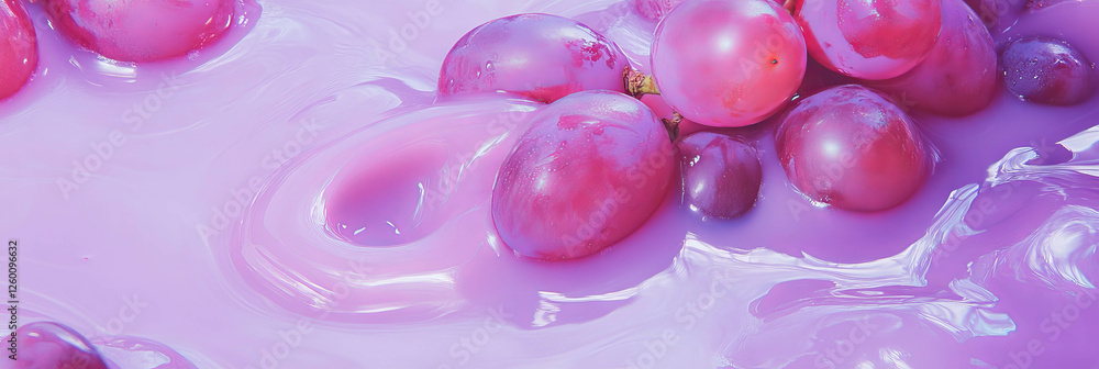 Poster grape-infused purple milk with floating halved grapes on a smooth surface