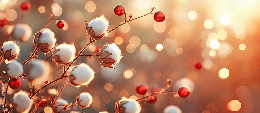 Poster cotton plants adorned with red ornaments in soft focus on a warm glowing background create a festive