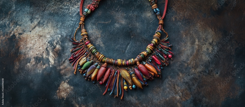 Poster handmade boho necklace with colorful polymer clay beads in earthy tones set on a textured dark backg