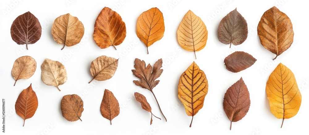 Poster autumn composition of assorted dried brown and orange leaves arranged in rows on a bright white back