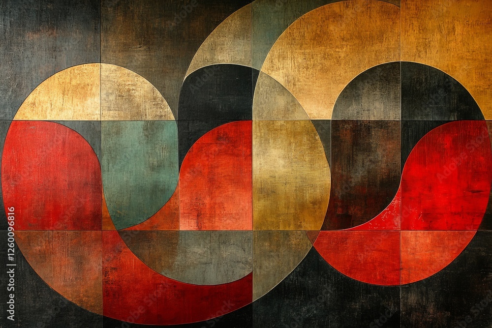 Aufkleber abstract mural featuring geometric patterns and rich color palettes in warm tones displayed in a mod