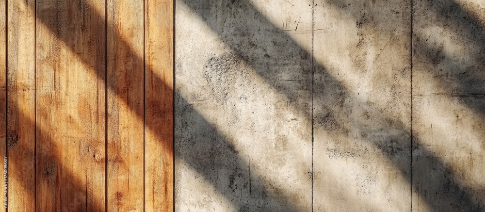 Poster rustic wooden planks and textured concrete wall with diagonal shadows creating a warm color contrast
