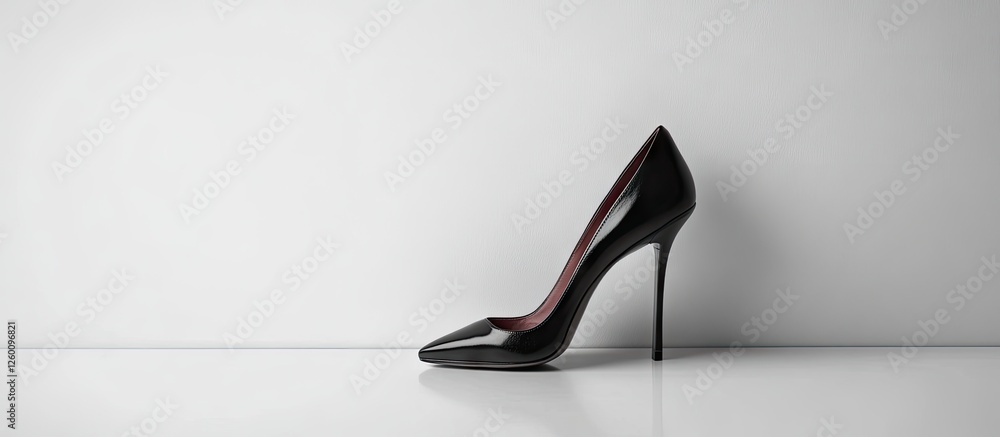 Poster elegant black high heeled shoe positioned to the left on a smooth white surface with soft shadowing 
