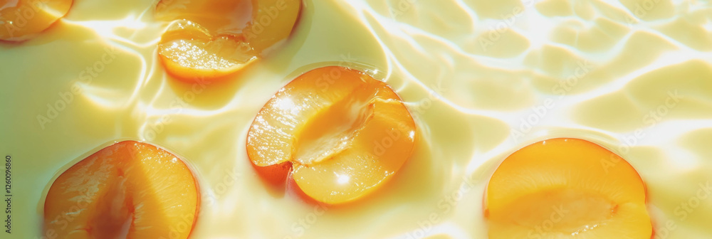 Poster light yellow milk adorned with vibrant yellow plum slices in an inviting display