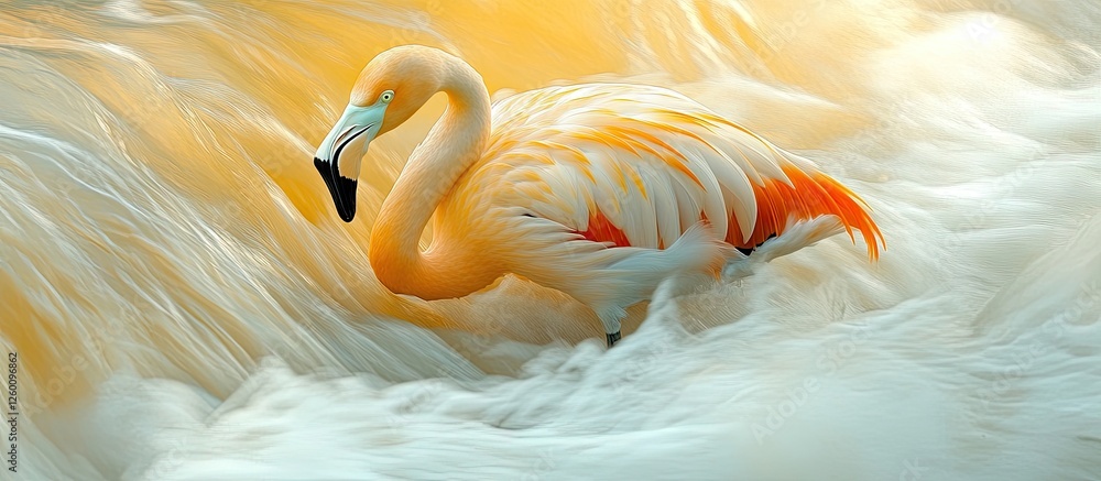 Aufkleber abstract composition of a yellow flamingo in blurred white and orange waves, positioned centrally, c