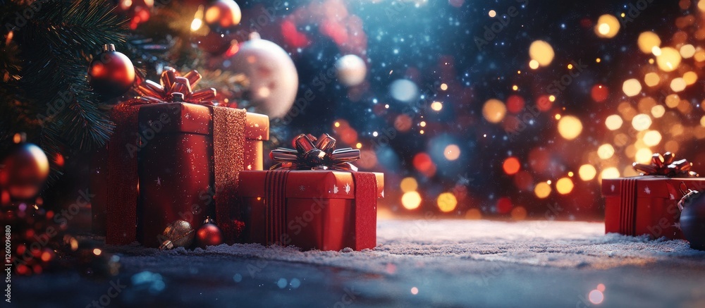 Poster christmas gifts surrounded by soft bokeh lights in warm tones of red and gold with a festive ambianc