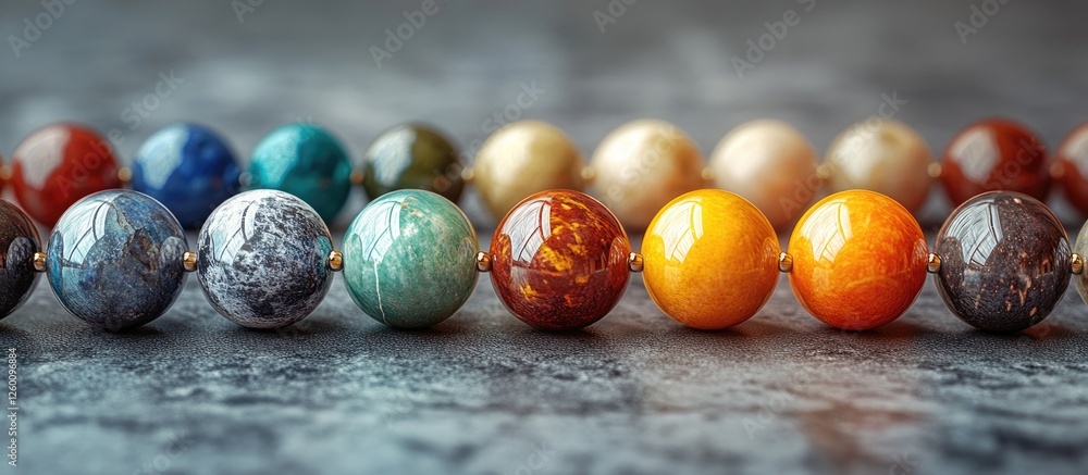 Poster Colorful collection of semiprecious stone beads in a gradient from blue to orange displayed in a row against a textured gray background.