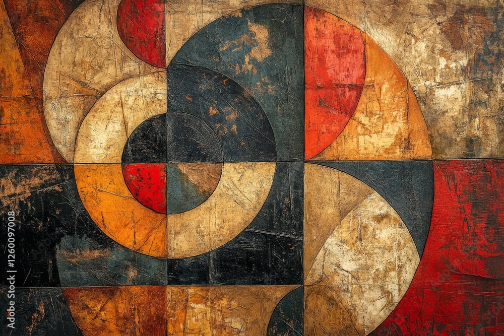 Poster abstract geometric artwork featuring circular shapes and contrasting colors in a textured compositio