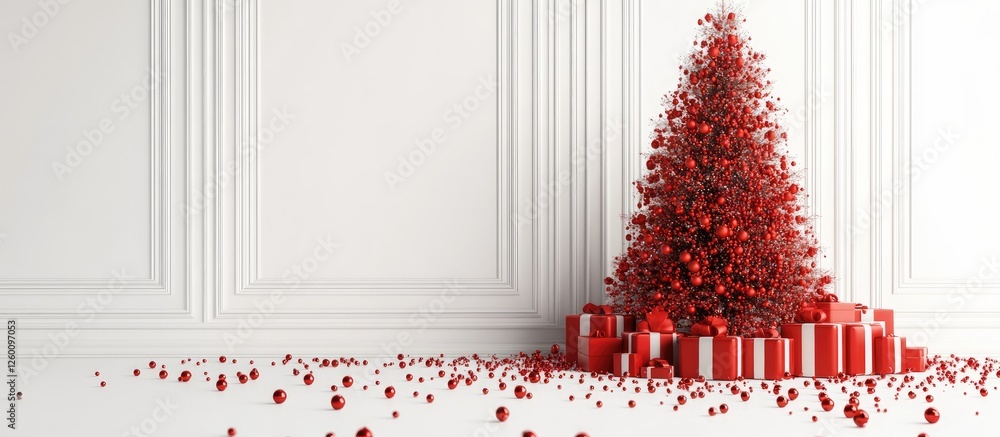 Poster christmas tree adorned with red ornaments and gift boxes in a minimalist white room, featuring a vib