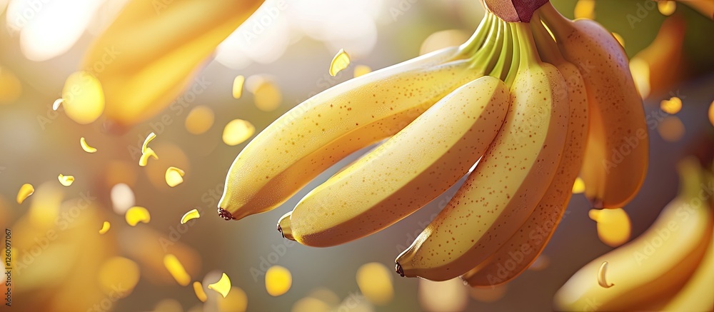 Poster fresh ripe bananas suspended in golden light with soft bokeh background, emphasizing their vibrant y