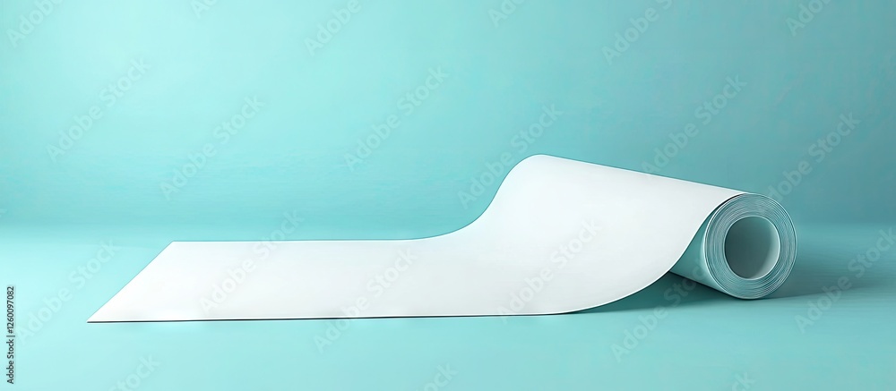 Poster Mockup of rolled white paper on turquoise background for advertisement design showcasing a clean and modern aesthetic with soft shadows.