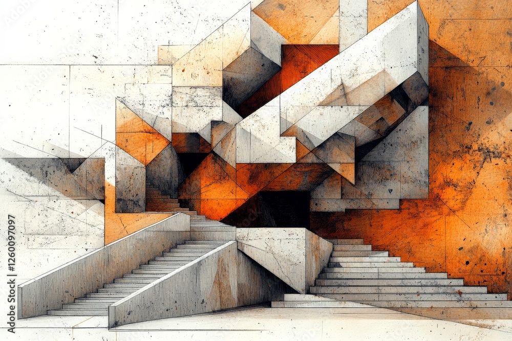 Poster abstract geometric structures with contrasting tones and dynamic stairs in modern architecture