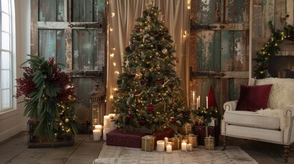 Fototapeta premium Cozy Christmas Living Room with Decorated Tree and Gifts
