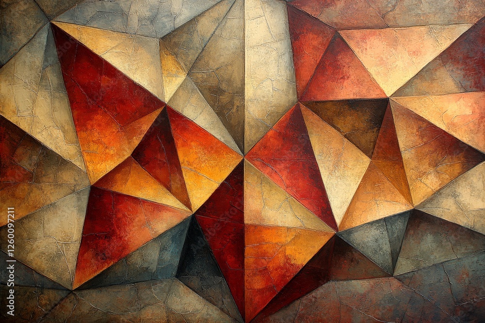 Poster dynamic abstract composition featuring triangular shapes in warm tones with textured surfaces