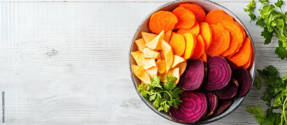 Aufkleber colorful bowl filled with sweet potato beetroot carrot and parsnip slices arranged artfully on light