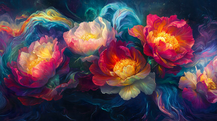 magical peony flowers with abstract swirling