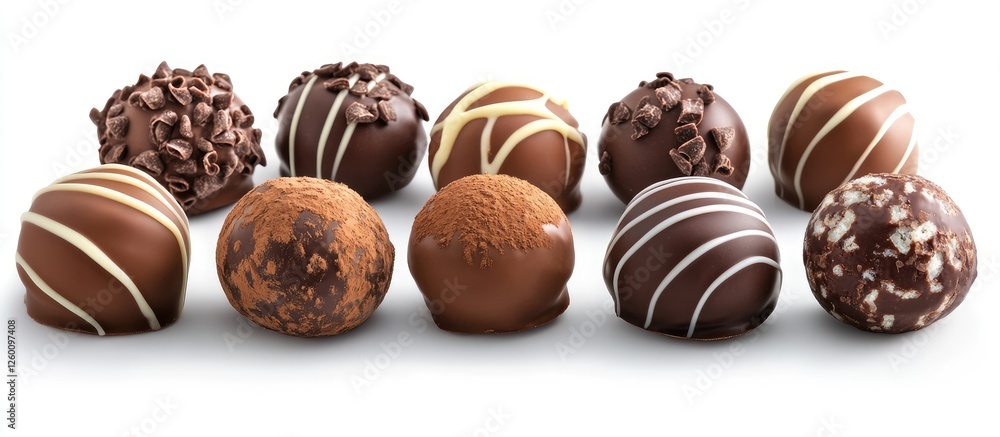 Poster Assorted chocolate truffles displayed elegantly on a white background featuring dark milk and white chocolate with toppings and drizzles in various textures