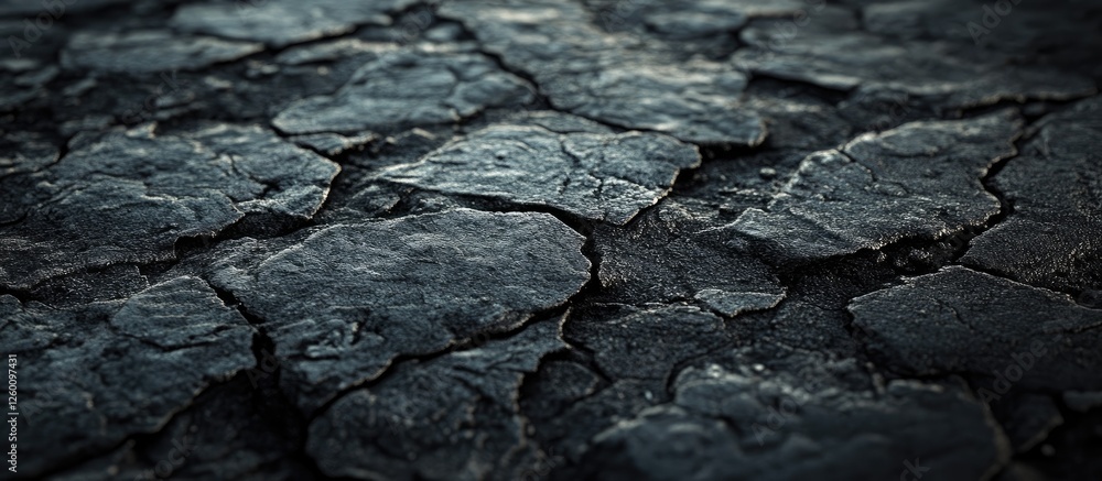 Poster dark asphalt texture background with deep tones and cracked surface, highlights shadows and uneven p