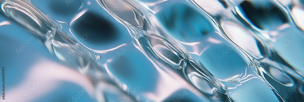 Poster reflections on mesh netting and corrugated aluminum create a tranquil water scene