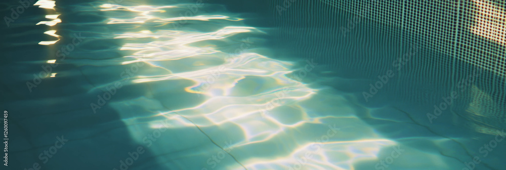 Poster reflections on smooth water beside mesh netting and corrugated aluminum structure