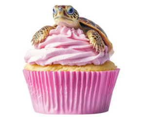 turtle peeking out of giant cupcake with pink frosting, looking surprised and playful. This whimsical scene combines dessert and wildlife in fun way