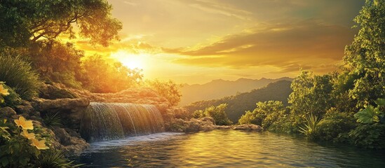 Serene sunset over a tranquil river with a cascading waterfall surrounded by lush greenery and mountains in the background under a golden sky.