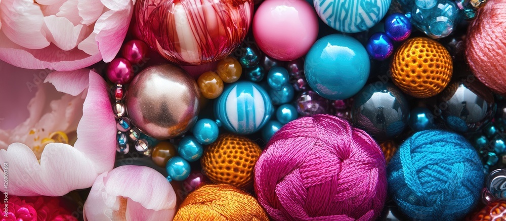 Poster colorful assortment of crafting beads in various sizes and textures including pink peony on a dark b