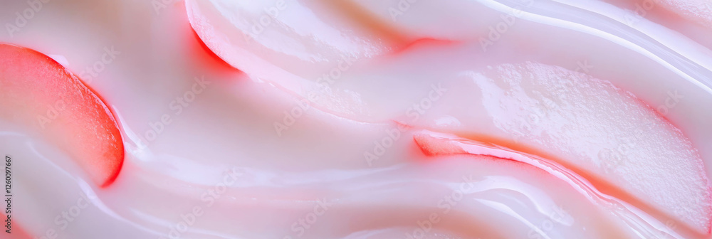 Poster slices of fresh apple arranged on a milky white surface with rippling patterns