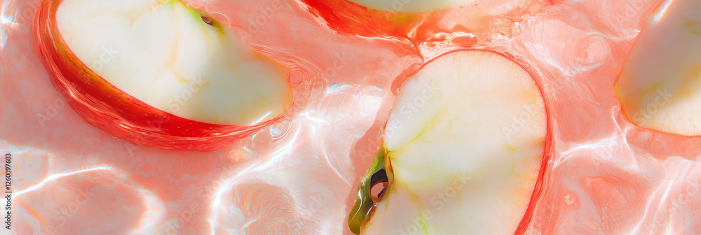 Poster Sliced apples floating on milky white surface creating a refreshing visual display