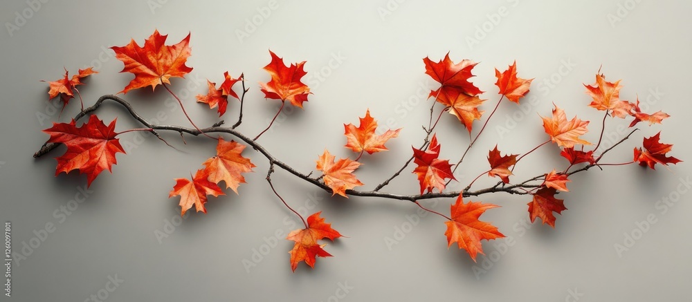 Poster autumn composition with vibrant orange and red maple leaves on a light gray background, arranged in 