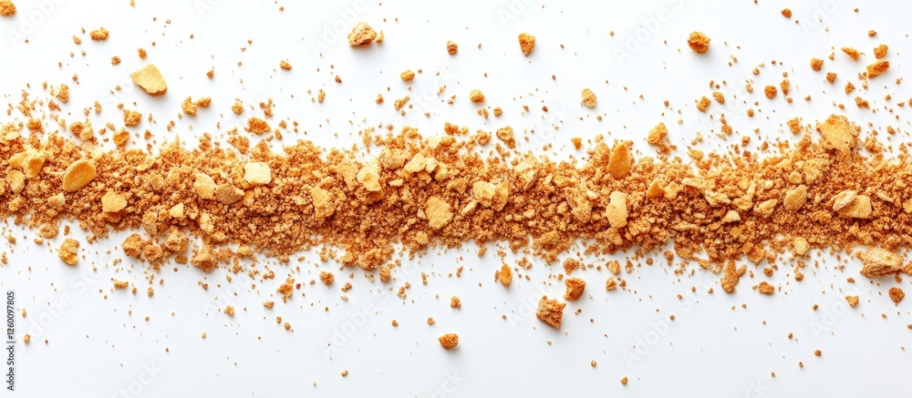Poster crushed bread crumbs scattered in a linear pattern across a clean white background showcasing variou