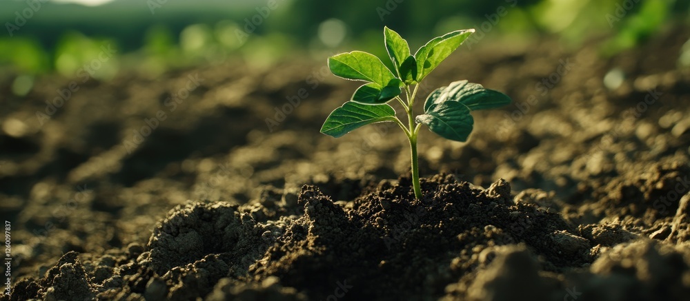 Poster green seedling emerging from rich dark soil with soft sunlight bokeh in background vibrant leaves on