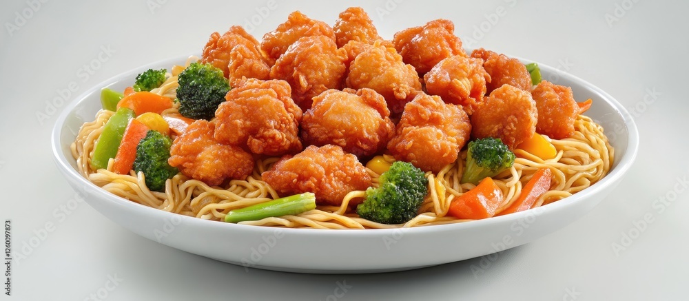 Poster delicious chicken chow mein with crispy fried chicken and colorful vegetables in a white bowl agains