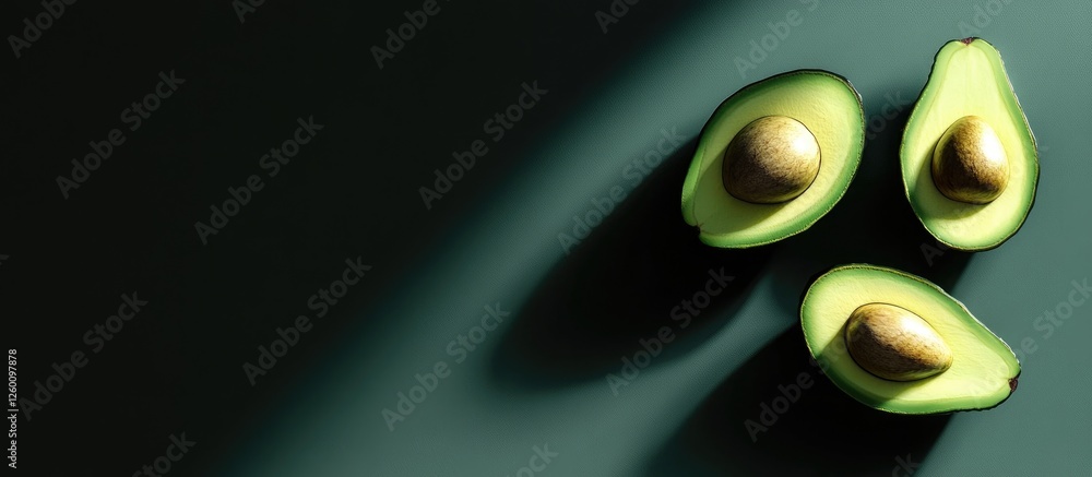 Poster fresh green avocados halved and placed on a dark green background with soft shadows highlighting the