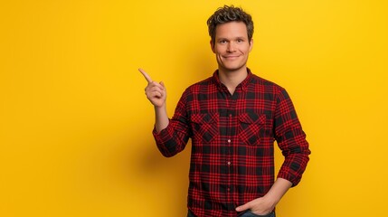 cheerful young man in a red and black plaid shirt smiles while pointing to the side against a vibrant yellow background. His confident and friendly expression conveys positivity and excitement