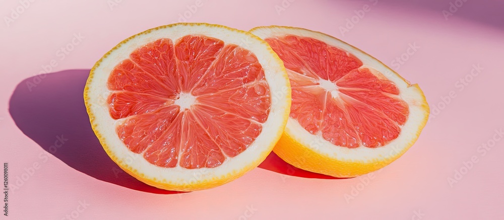 Poster brightly colored grapefruit halves with vibrant red flesh on a soft pink background, showcasing juic
