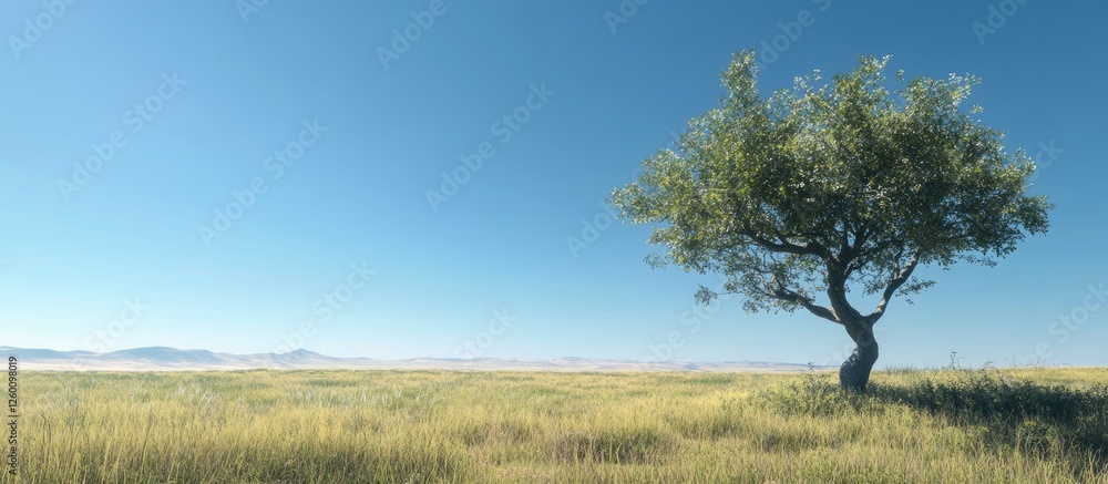 Aufkleber lone green tree on the right side of a vast golden field under a clear blue sky with distant mountai