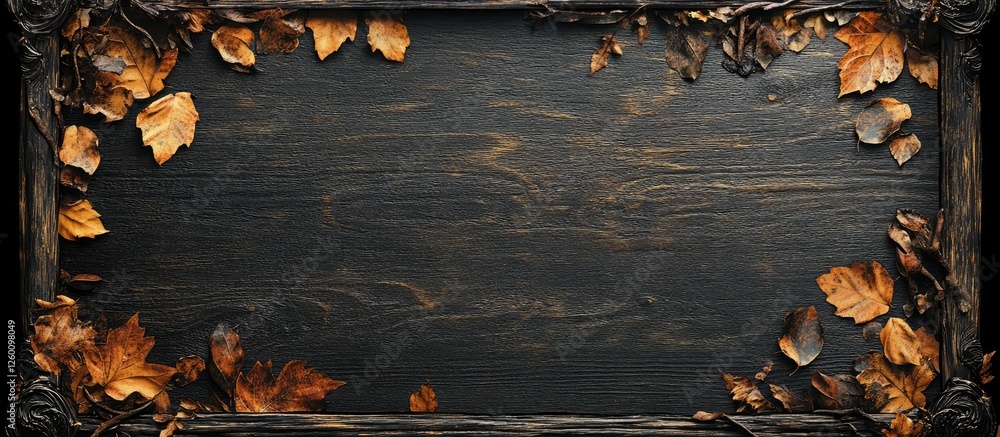 Poster autumn leaf frame on dark wooden background with orange and brown leaves positioned around edges cre