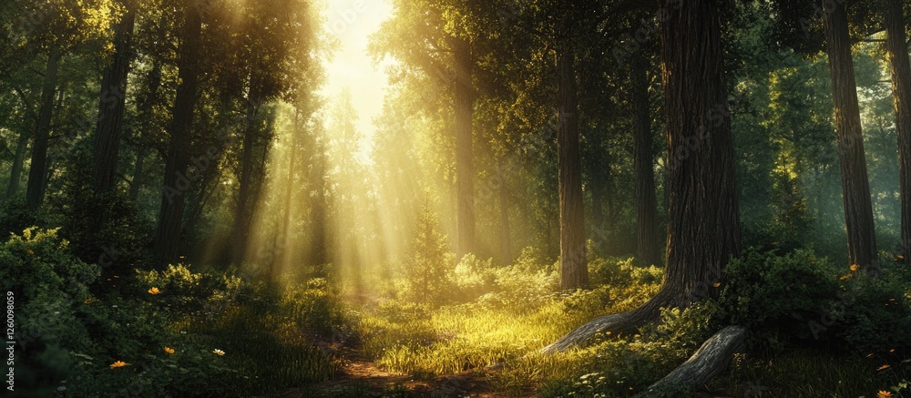 Leinwandbilder lush green forest with sun rays casting golden light through tall trees creating a serene atmosphere