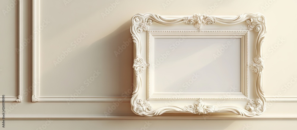 Poster elegant vintage empty photo frame positioned on a light beige wall with soft shadows highlighting it